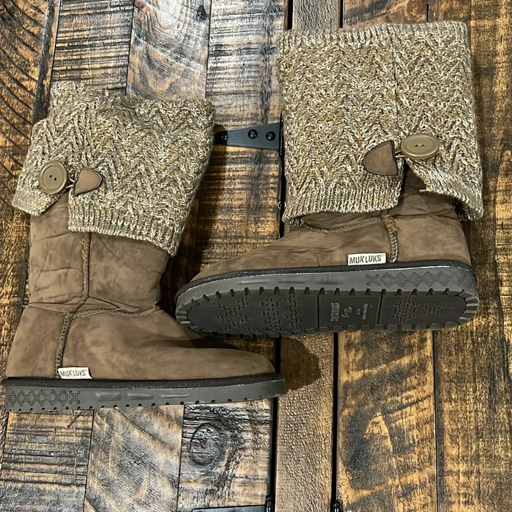 Muk Luks Tan Knit Cuff Boots with Button Detail